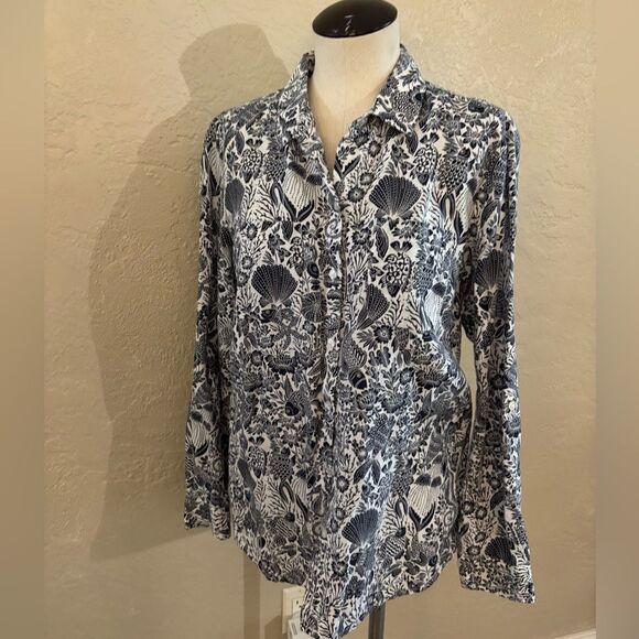 Charter Club Luxury Linen  Button-Up Blouse Sz Med Tropical pattern - Picture 1 of 5